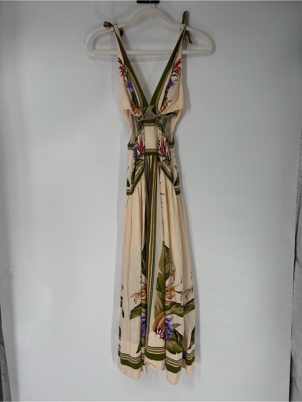 FARM Rio Cream Tropical Resortwear Linen Blend Cut Out Floral Print Maxi Dress